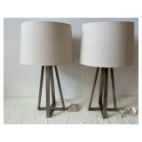Pair of Chevron-Pattern Drum Shade Table Lamps on Metal Tripod Bases