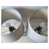 Pair of Chevron-Pattern Drum Shade Table Lamps on Metal Tripod Bases