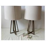 Pair of Chevron-Pattern Drum Shade Table Lamps on Metal Tripod Bases