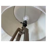 Pair of Chevron-Pattern Drum Shade Table Lamps on Metal Tripod Bases