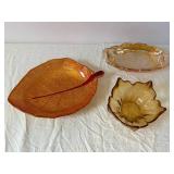 Amber Glass Leaf Shaped Dishes - 3 Piece Set with Pressed Vein Pattern