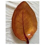 Amber Glass Leaf Shaped Dishes - 3 Piece Set with Pressed Vein Pattern