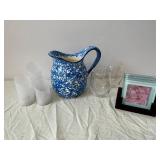 Blue Speckled Ceramic Pitcher with Frosted Glass Vases & Mint Green Photo Frames