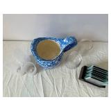 Blue Speckled Ceramic Pitcher with Frosted Glass Vases & Mint Green Photo Frames