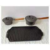 Cast Iron Cookware Set - 2 Pots with Lids & Grill Pan (Lot of 3)