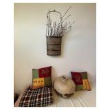 Artisan Mexican Hanging Planter with Pussy Willow Branches - Rustic Metal Wall Basket