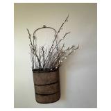 Artisan Mexican Hanging Planter with Pussy Willow Branches - Rustic Metal Wall Basket