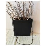 Artisan Mexican Hanging Planter with Pussy Willow Branches - Rustic Metal Wall Basket