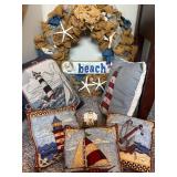 Riverdale Beach Nautical Decor Set - Burlap Wreath, Beach Sign & Cushions