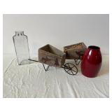 Rustic Wooden Wheelbarrow Decor with Two Crate Planters and Red Ceramic Vase