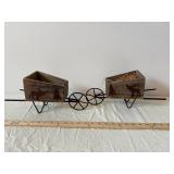 Rustic Wooden Wheelbarrow Decor with Two Crate Planters and Red Ceramic Vase