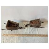 Rustic Wooden Wheelbarrow Decor with Two Crate Planters and Red Ceramic Vase