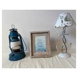 Chicago W.D.D. Hurricane Lantern, Framed Beach Print & Coastal Table Lamp (Lot of 3)