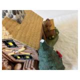 Miniature Village House Diorama with Stone Chimney and Pine Trees - Made in China