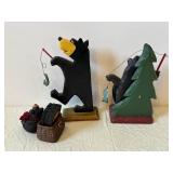 Two Hand-Carved Painted Wooden Animal Figures on Pedestals - Folk Art Sculpture Set
