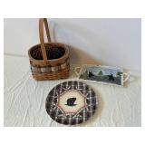 Grizzly Bear Country Decor - Pinecone Basket, Birch Border Plate & Bear Scene Ceramics (Lot of 4)