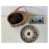 Grizzly Bear Country Decor - Pinecone Basket, Birch Border Plate & Bear Scene Ceramics (Lot of 4)