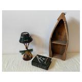 Antique Wooden Triangular Display Shelf with Painted Lantern Lamp & Miniature Tools