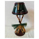 Antique Wooden Triangular Display Shelf with Painted Lantern Lamp & Miniature Tools