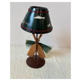 Antique Wooden Triangular Display Shelf with Painted Lantern Lamp & Miniature Tools