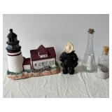 Nautical Miniature Lighthouse with Sailor Figurine, Glass Bottles & Seashells