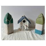 Three Nautical Ship-Shaped Wooden Birdhouses with Rope Handles (Lot of 3)