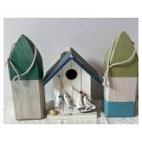 Three Nautical Ship-Shaped Wooden Birdhouses with Rope Handles (Lot of 3)