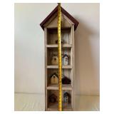 Rustic Wooden Birdhouse Display Shelf with Miniature Birdhouses