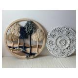 Handwoven Circular Yarn Wall Hanging with Pom-Pom Accents and Two Ornate Round Wall Plaques