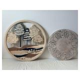 Handwoven Circular Yarn Wall Hanging with Pom-Pom Accents and Two Ornate Round Wall Plaques
