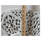 Handwoven Circular Yarn Wall Hanging with Pom-Pom Accents and Two Ornate Round Wall Plaques
