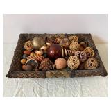 Assorted Dried Botanicals in Handwoven Basket - Pinecones, Seed Pods & Raffia Balls