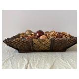 Assorted Dried Botanicals in Handwoven Basket - Pinecones, Seed Pods & Raffia Balls
