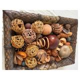 Assorted Dried Botanicals in Handwoven Basket - Pinecones, Seed Pods & Raffia Balls