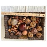 Assorted Dried Botanicals in Handwoven Basket - Pinecones, Seed Pods & Raffia Balls