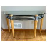 Glass Top Console Table with Wood Legs and Curved Metal Frame