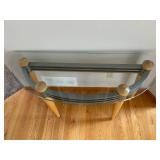Glass Top Console Table with Wood Legs and Curved Metal Frame