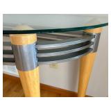 Glass Top Console Table with Wood Legs and Curved Metal Frame