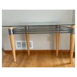 Glass Top Console Table with Wood Legs and Curved Metal Frame
