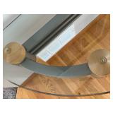 Glass Top Console Table with Wood Legs and Curved Metal Frame