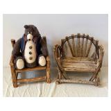 Vintage Teddy Bear on Rustic Log Bench with Navy Vest and Red Plaid Bow Tie