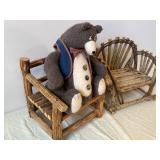 Vintage Teddy Bear on Rustic Log Bench with Navy Vest and Red Plaid Bow Tie