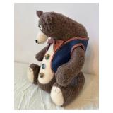 Vintage Teddy Bear on Rustic Log Bench with Navy Vest and Red Plaid Bow Tie