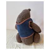 Vintage Teddy Bear on Rustic Log Bench with Navy Vest and Red Plaid Bow Tie