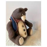 Vintage Teddy Bear on Rustic Log Bench with Navy Vest and Red Plaid Bow Tie