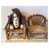 Vintage Teddy Bear on Rustic Log Bench with Navy Vest and Red Plaid Bow Tie