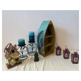 Assorted Nautical Decor - Hand-Painted Arched Shelf with Fish Motif, Candles & Lanterns