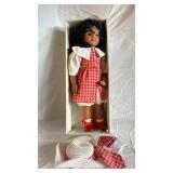 Doll in Box with Red Plaid Dress, White Collar and Red Shoes
