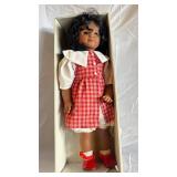 Doll in Box with Red Plaid Dress, White Collar and Red Shoes