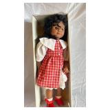 Doll in Box with Red Plaid Dress, White Collar and Red Shoes